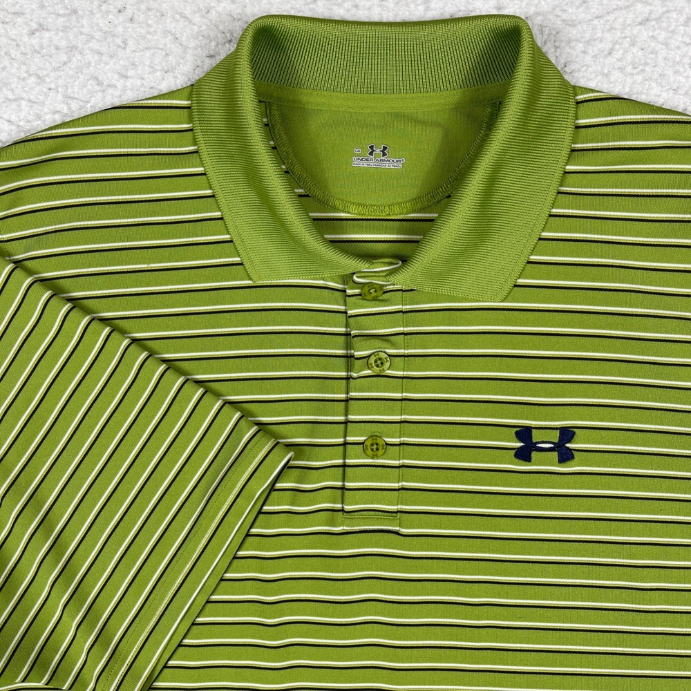 Under Armour Polo Shirt Mens Large Green Striped HeatGear Golf Athletic Top